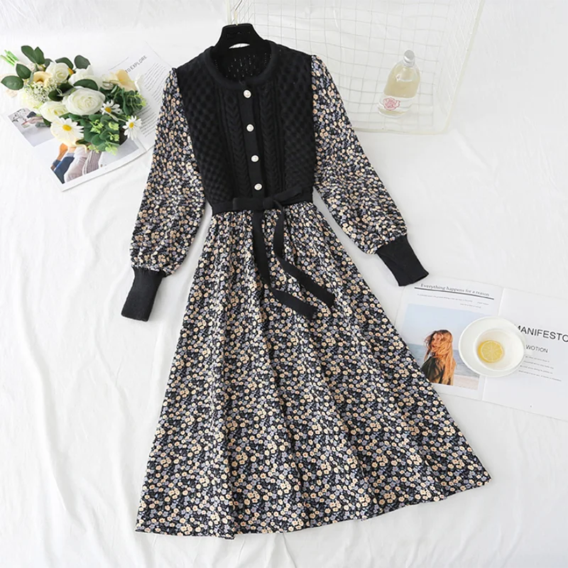 

Women Autumn Elegant Patchwork Knitted Dress High Quality Vintage Lantern Sleeve Femme Designer Casual O-Neck Corduroy Dress