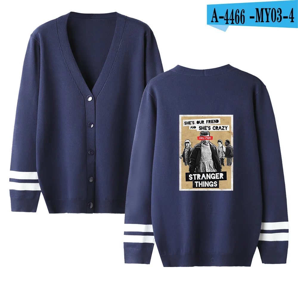 navyblue Список странных вещей свитер мужской женский кардиган свитер модный Повседневный свитер v-образный вырез длинный рукав вязаный женский свитер - Цвет: navyblue