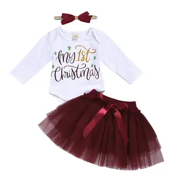 

My First Christmas Clothes Set for Kids Baby Girls Infant Party Costume Cotton Bodysuit Mesh Tutu Skirt Headband 3pcs 0-18M