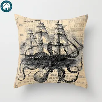 

Octopus Kraken Attacking Ship Antique Almanac Paper Pillow Covers Cases Pattern Nordic Cover Cushion Pillowcase Square Print