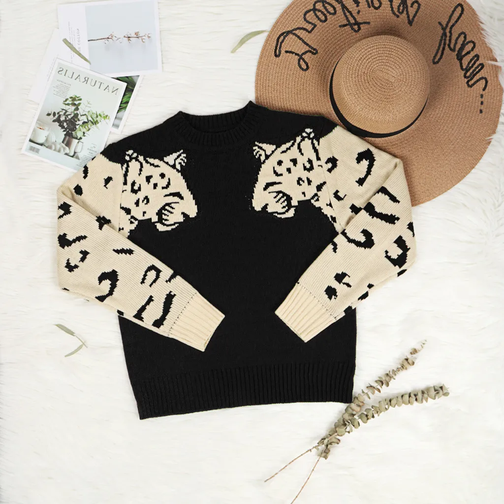 Jaycosin Fashion Women Simple Wild Animal Print Patchwork Sweater Stylish Long Sleeve Comfortable Casual Loose Top Blouse 928#4