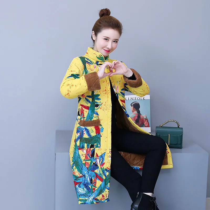 

2019 Autumn And Winter New Style Ethnic-Style Large Size Dress Cotton Linen Mid-length Thick plus Velvet Cotton-padded Clothes C