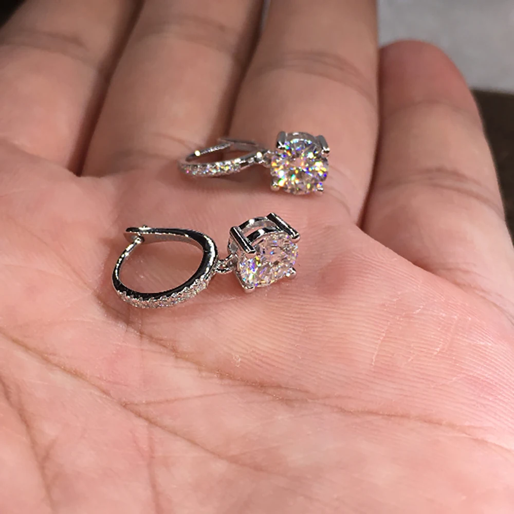 14K White Gold Women Drop Clip Hoop Earrings Moissanite Diamonds 0.5 1 2 3 Carat Round Wedding Party Engagement Anniversary Gift