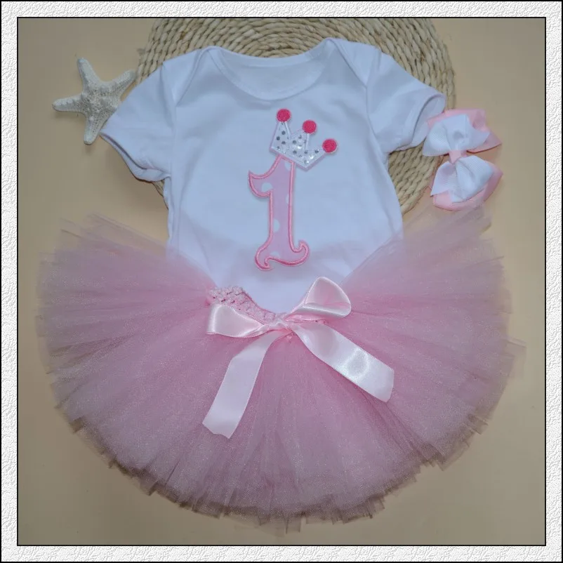 3 шт./компл. для маленьких девочек крона для балетной пачки платье для младенцев 1st День рождения»; комбинезон для девочек и мальчиков; Пышная юбка повязка на голову, фатиновое платье для малышей - Цвет: pink 1