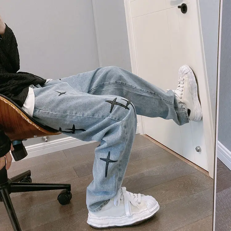 Description Picture 4 of itemLeather Embroidered Cross Vintage Blue Jeans Men's High Street Loose Straight Wide Leg Pants Hip Hop Streetwear Male Baggy Denim