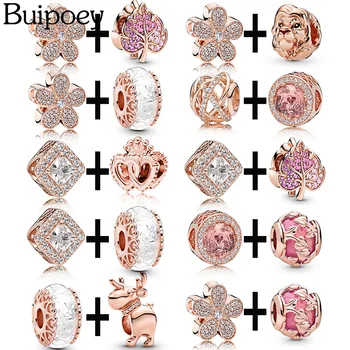 

Buipoey 2PCS Rose Gold Sven Elk Murano Glass Beaded Charm Bracelet Bangle For Women Fit Brands Snake Chain Necklace Jewelry