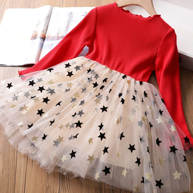 Girls Winter Dress for Kids Long Sleeve Star Sequined Princess Dresses 3 6 8 Years Old Children Cotton Knitted Christmas Clothes | Детская