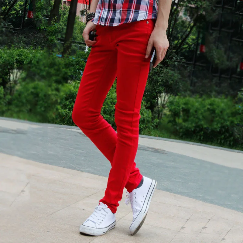 Wholesale 2021 Korean Fashion Casual Show Thin Skinny Jeans Men Red Clothes  For Teenagers Pencil Trousers Men's Classic Pants