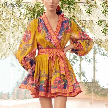 

Fall New Style Sexy V-Neck Bohemian Ethnic Retro Print Long Sleeve Belt Slim Temperament Belt Dress Women'S Clothing