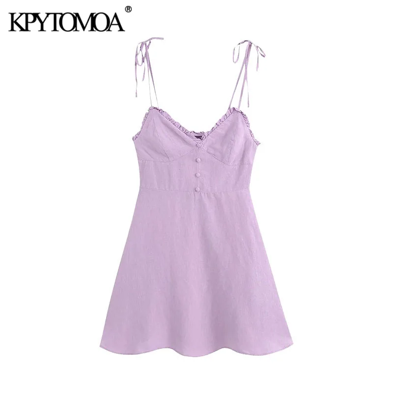 KPYTOMOA Women 2020 Chic Fashion Decorative Buttons Ruffled Linen Mini Dress Vintage Backless Bow Thin Straps Female Dresses KPYTOMOA Women 2020 Chic Fashion Decorative Buttons Ruffled Linen Mini Dress Vintage Backless Bow Thin Straps Female Dresses