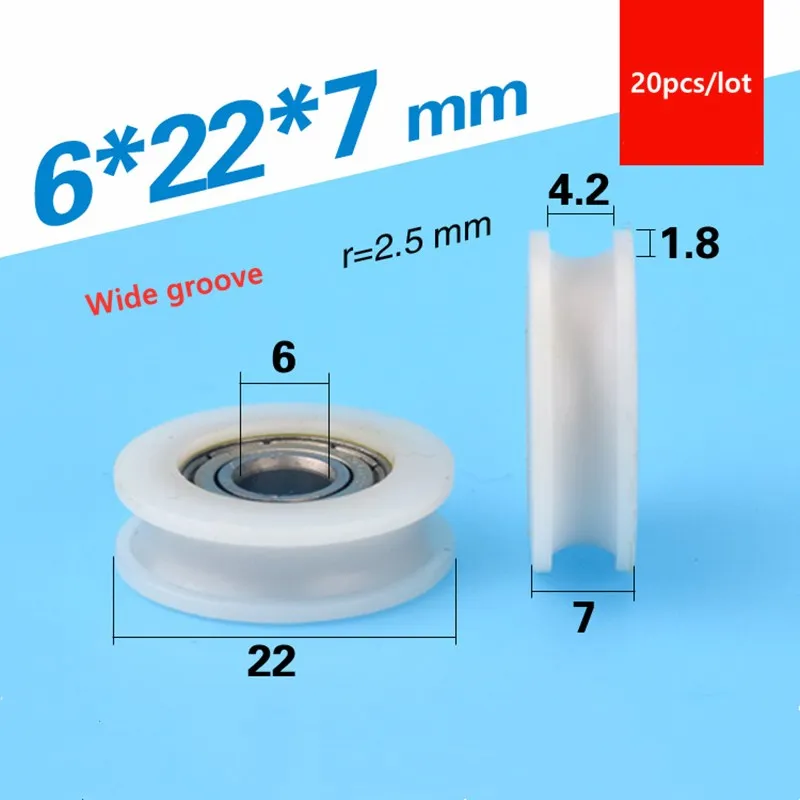 20 Stück U-Nut Kunststoffbeschichtetes Lager 696ZZ 6 * 22 * 7 mm Türfenster POM-Rollenrad Nylon-Riemenscheibe Bohrung 6 mm Durchmesser 22 mm – Detail 1