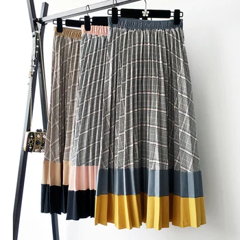 

Autumn Contrast Color Plaid Patchwork A-line Long Pleated Big Striped Skirts High Waist Maxi Long Check Print Skirt
