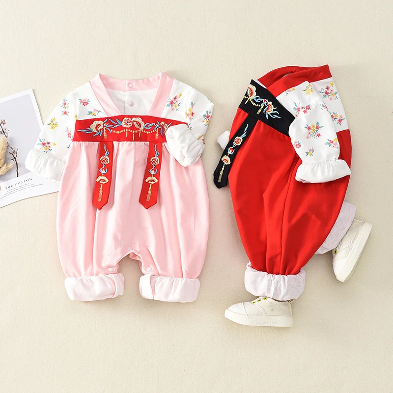 

Женский комбинезон Hanfu для маленьких девочек, костюм Тан, Весенняя Праздничная Новогодняя одежда, новинка 2022 года, красная Ретро-одежда для девочек