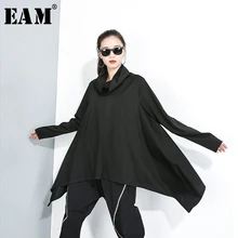 [EAM] Свободная черная Асимметричная Короткая Толстовка с длинным рукавом и высоким воротником, Женская мода осень-зима 1K443