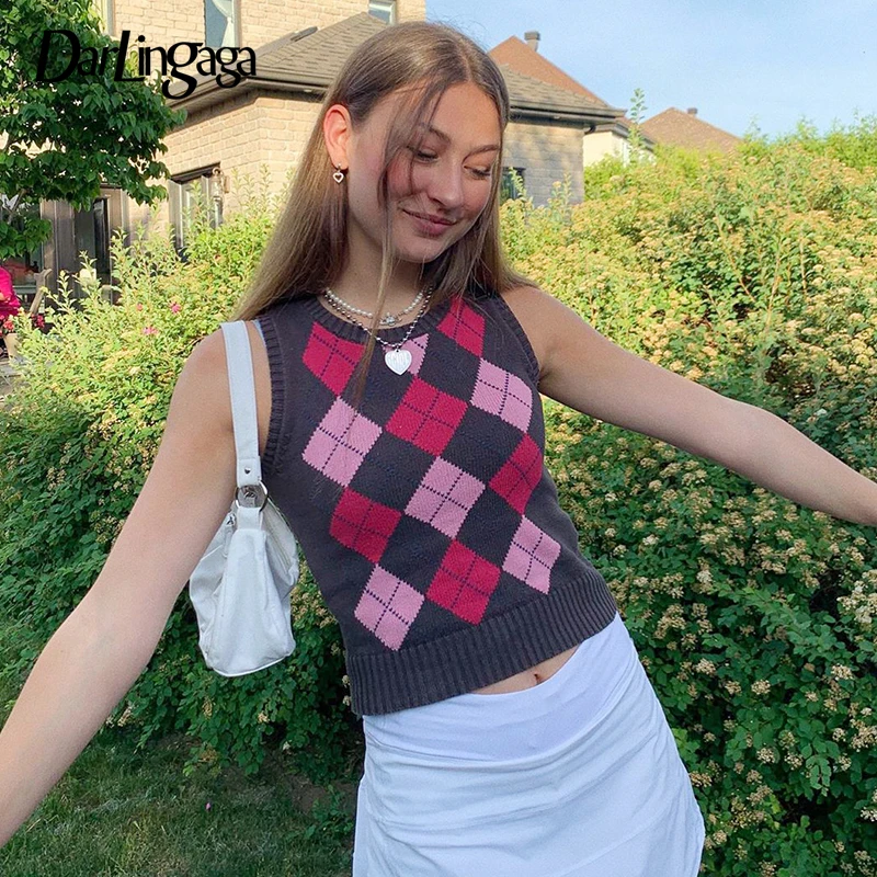 Knitted Sweater Pullover Tops Vest Y2k Cropped Argyle Harajuku Darlingaga Vintage Sleeveless