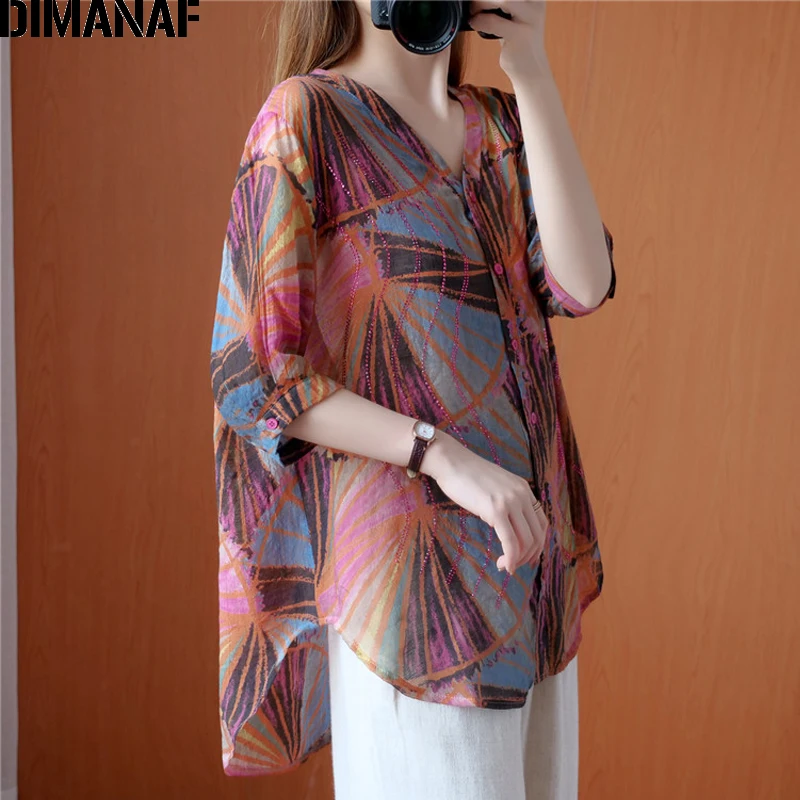 DIMANAF Summer Plus Size T-Shirts Women Clothing Lady Tops Tees Tunic Vintage Loose Cotton tshirt Print Shirt Button Beading