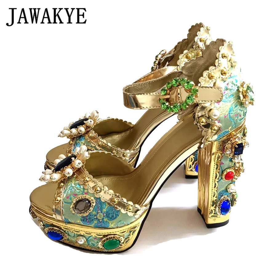 JAWAKYE/Роскошные Босоножки на каблуке украшенные стразами Женские летние туфли