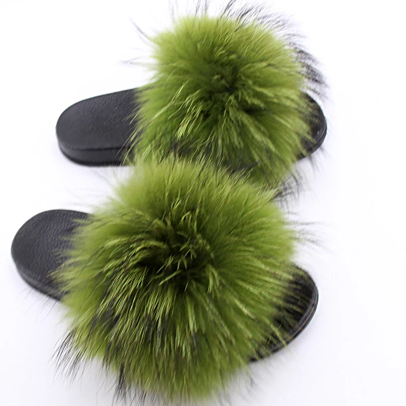 Пушистые шлепанцы с натуральным лисьим мехом; женские меховые тапочки; зимние меховые сандалии на плоской подошве; домашние тапочки; женская плюшевая обувь; пушистые вьетнамки - Цвет: Grass green