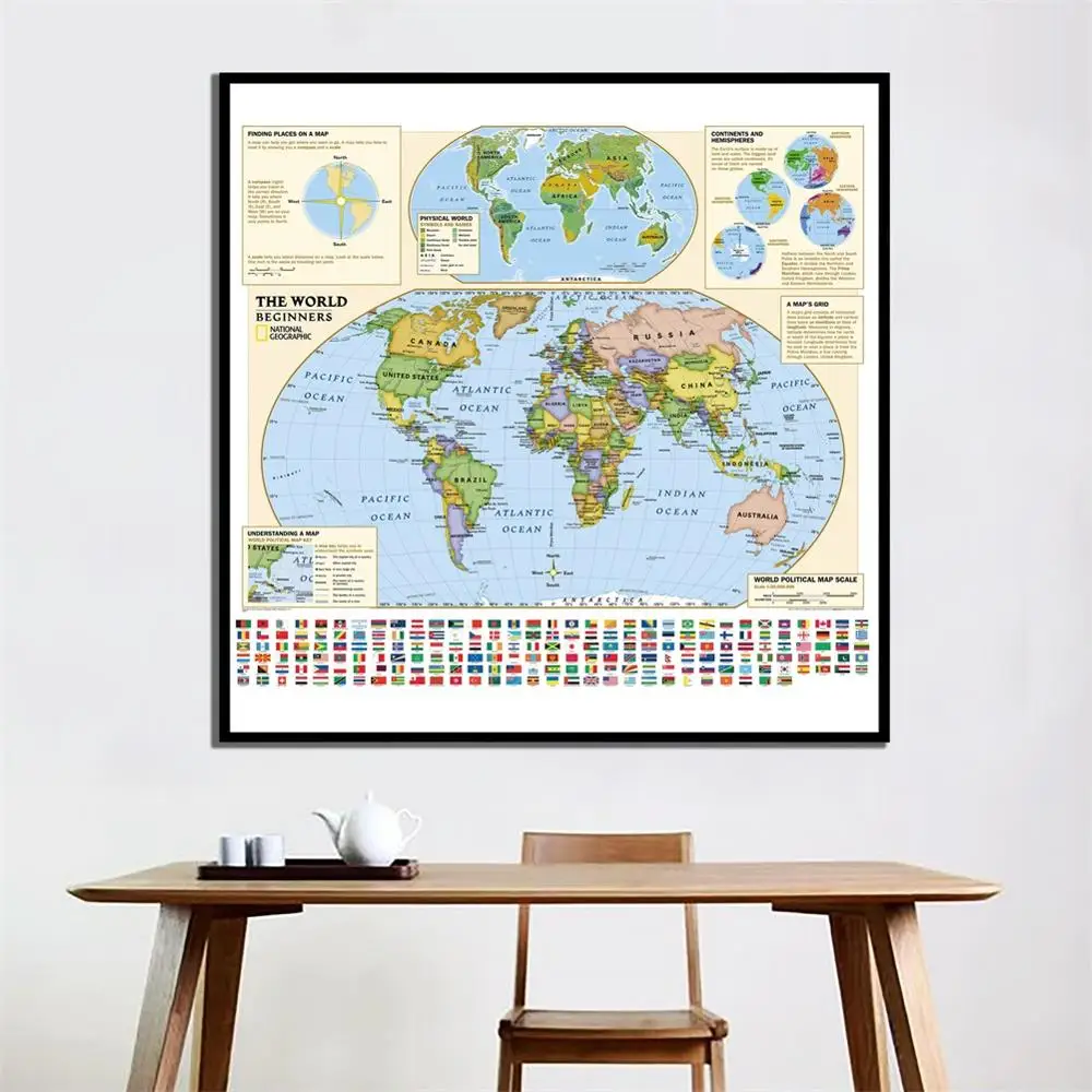 

60x60 inches Simple World Map With Lots Of Labels For Beginners HD Spray Map For Study Room/Classroom Wall Decor