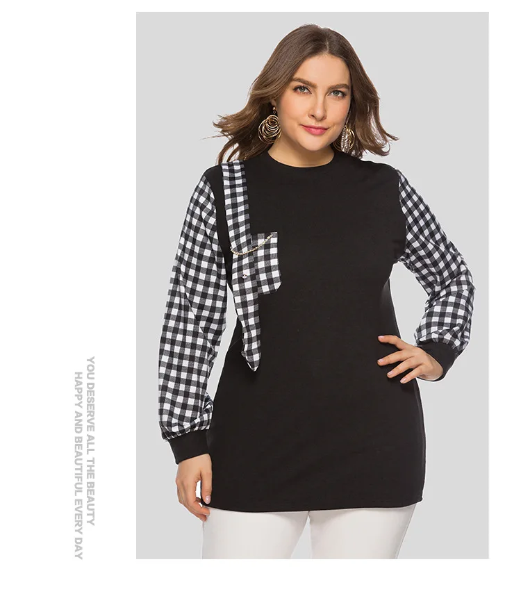 CHRLEISURE 5XL негабаритная футболка леопардовая строчка карманные, на цепочке женская футболка с круглым вырезом и длинными рукавами осенние женские топы