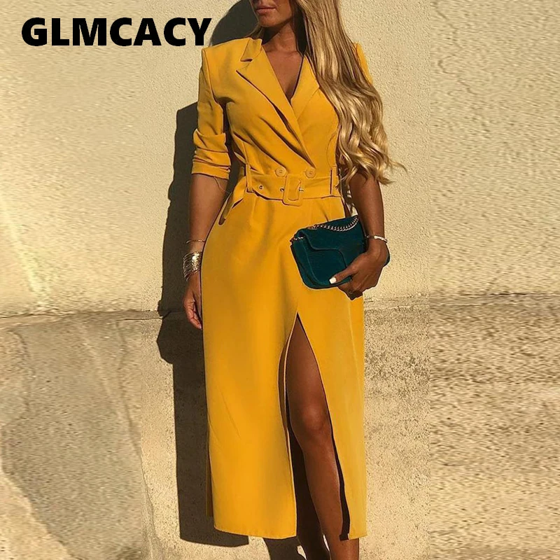 Billige Frauen Sexy Gürtel Schlitz Blazer Kleid Frühjahr Langarm Gelb Kleider Elegante Büro Dame Arbeitskleidung Party Kleid Vestidos