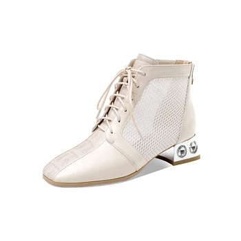 

Women Summer Boots genuine leather lace up ladies Shoes 4cm Thick Heels Pumps Party Basic Shoe Woman size 41 42 43