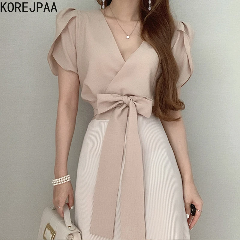 Korejpaa Women Dress 2021 Summer Korean Chic Ladies French V-Neck Crossover Design Strappy Bowknot Stitching Puff Sleeve Vestido | Женская