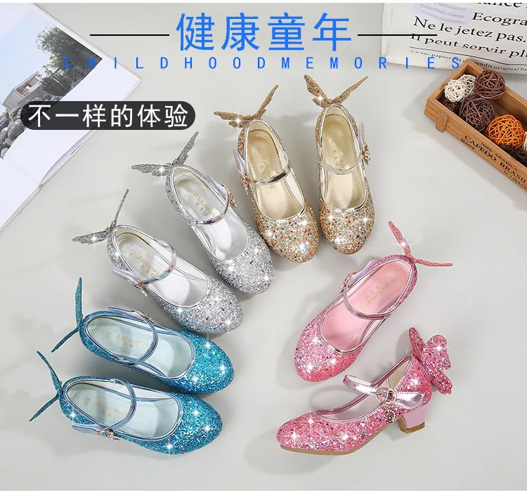 girls shoes 2020 Princess Kids Leather Shoes for Girls Flower Casual Glitter Children High Heel Girls Shoes Butterfly Knot Blue Pink Silver girls leather shoes