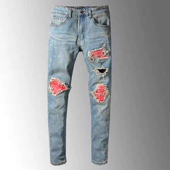 

New Men's Red Printed Patch Biker Jeans For Moto Skinny Patchwork Holes Ripped Stretch Denim Pants Fashion Slim Fit Jeans 29-40