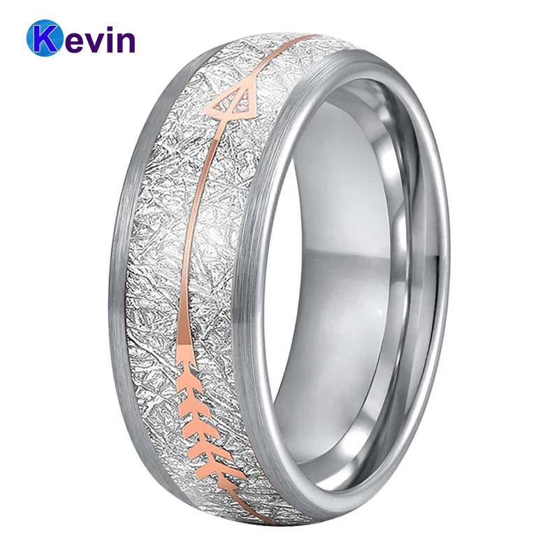 Ring with Arrow Wedding-Bands Rose-Gold Meteorite White Tungsten-Carbide Steel Women
