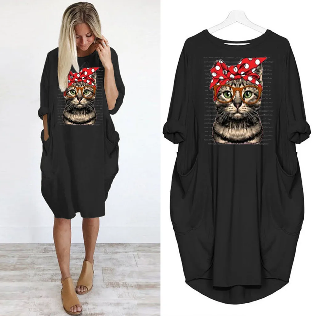  Z20 Fashion Cat Print Dress Women Spring Autumn Womens Pocket Loose