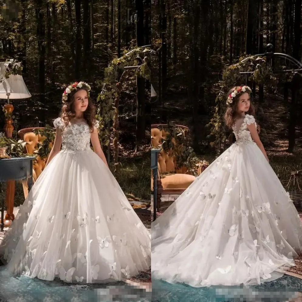 

2021 Flower Girls' Dresses Custom Made Princess A Line Tulle Jewel Neck Beaded Appliue Butterflies Pageant Birthday Party Gown