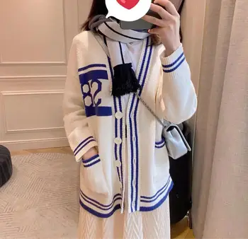 

Women Sweater 2020 Spring and Summer New College Style Blue and White Texture V-neck Long-sleeved Knitted Cardigan Jacket Women