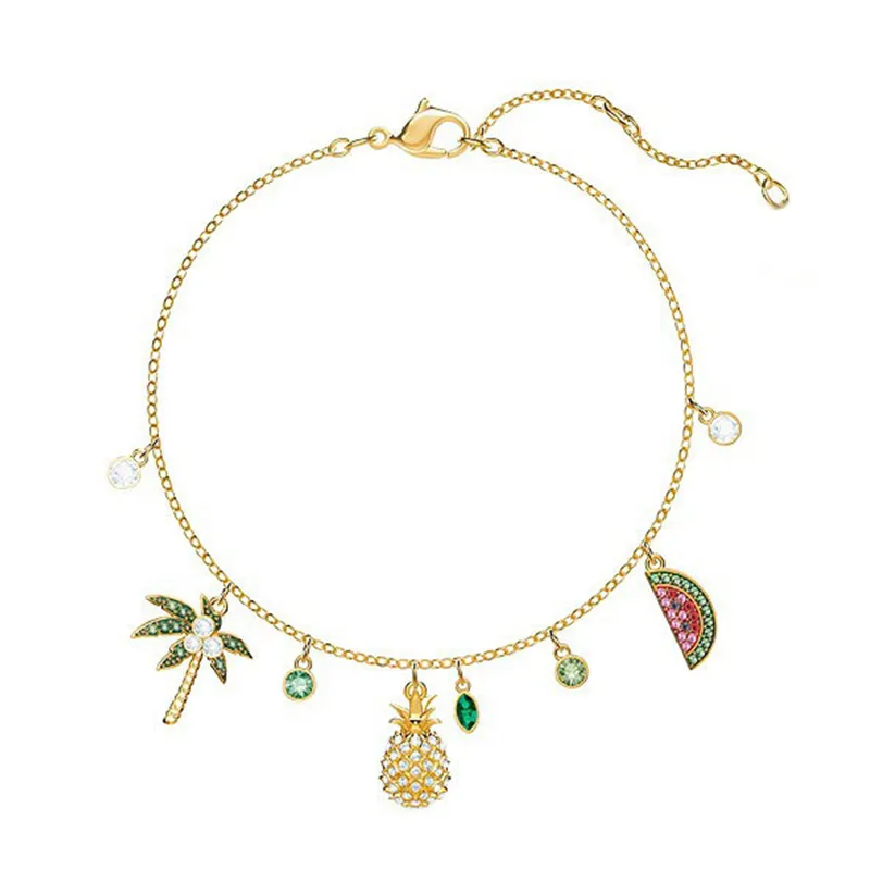 Original Tropical Golden Coconut Tree Flamingo Pineapple Watermelon Fruit Bracelet Necklace Women Fashion Set DIY Jewelry - Цвет камня: 5374337