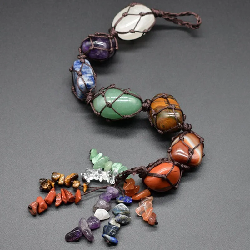 7 Chakra Tumbled Gemstone Tassel Spiritual Meditation Hanging Ornament Natural Stones CarDecoration