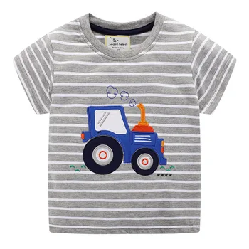 

Jumping Meters New Boys Cotton Tops for Summer Children Clothes Hot Selling Stripe Applique tractor Kids T shirts