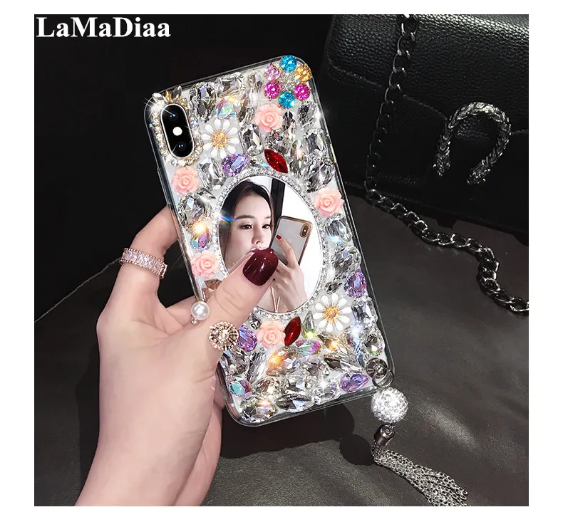 

Luxury Diamond Pendant Glitter Bling Crystal Flower Mirror Phone Cover Case For Xiaomi Redmi 8 9 8A 9A 9C 10X Note 8 9 10 Pro