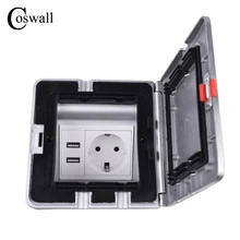 Coswall Алюминий серебро Панель IP55 Водонепроницаемая напольная розетка 16A ЕС Стандартный Мощность розетка с двумя зарядка через usb Порты и разъёмы 5V 2.1A Макс