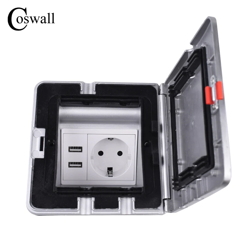 

Coswall Aluminum Silver Panel IP55 Waterproof Floor Socket 16A EU Standard Power Outlet With Dual USB Charging Port 5V 2.1A Max.