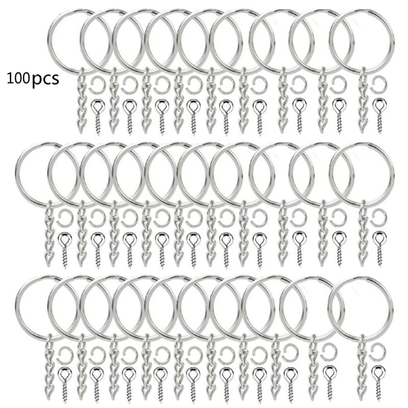 

300Pcs 30mm Flat Key Chain Rings Kit Including Split Keychain Rings Jump Rings Screw Eye Pins Jewelry Findings Making