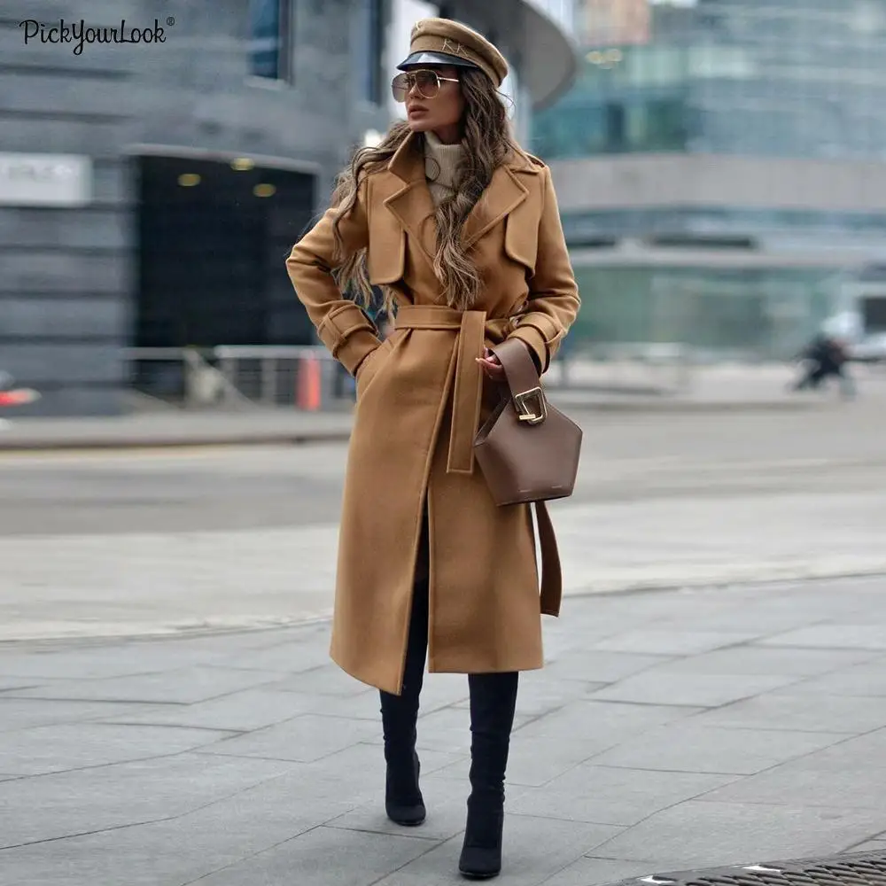 

Women woolen coat Casual Fashion Long Lapel neck woolen coat female Solid Warm woolen Coat Fall Winter new Wool Coat D20