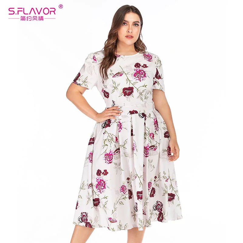 S.FLAVOR Fashion Printing Dress Vintage Style Women O-neck Short Sleeve A-line Dress Slim Retro Midi Dresses Plus Size