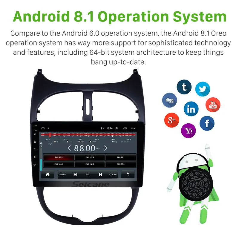 Seicane 9'' Audio AUX GPS Autoradio HD Touchscreen Android 8.1 Car Radio for Peugeot 206 2000-2016
