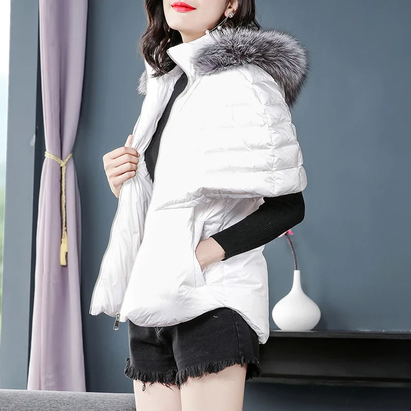 Roogo Can so Love Liu Shishi, пуховик в стиле знаменитостей, зима, стиль, Воротник из меха серебристой лисы, куртка-накидка - Цвет: Белый