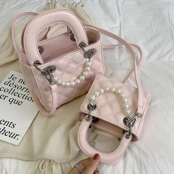 

Elegant Female Pearl Tote Bag 2019 Summer New High Quality Soft PU Leather Women's Designer Handbag Plaid Shoulder Messenger Bag
