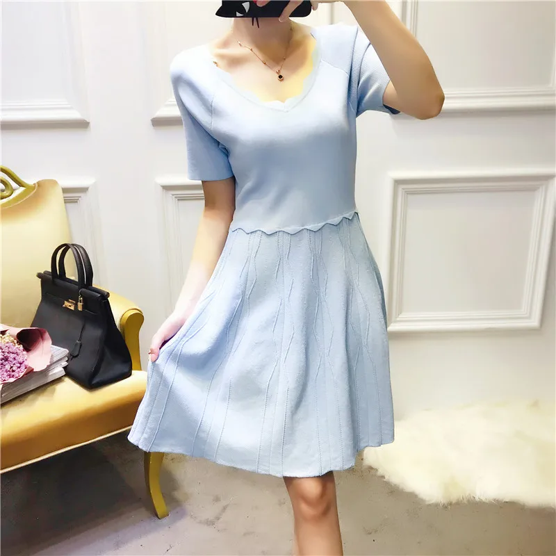 

2020 Spring Autumn Women's V-neck Knit Short Dress Short Sleeve Slim Simple A-line Casual Mini Dress