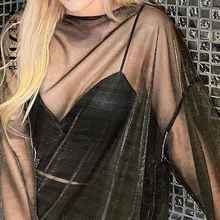 

BoozRey Sexy Mesh Transparent Gothic Women's Blouse Tops Autumn Solid Casual Pullover Street See Through Long Sleeve T-Shirts