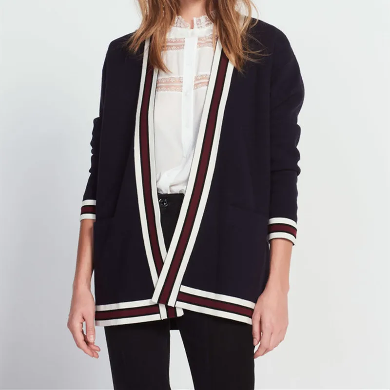 

New Hit Color Stripes Knitted Cardigan Women V Neck Long Sleeve Knitted Jacket