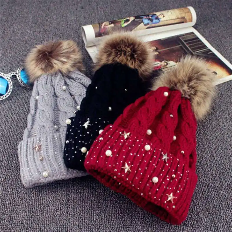 

Bobble Knit Hat Winter Ski Cap Warm Fur Pom Ball Womens Crochet Beanie Ladies