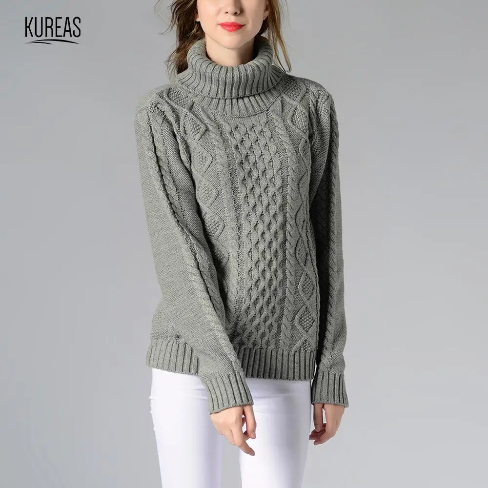 

Kureas Women Knitted Sweater Turtleneck Winter Autumn Warm Brocade Pullovers Classic Twist Weave Jersey Top